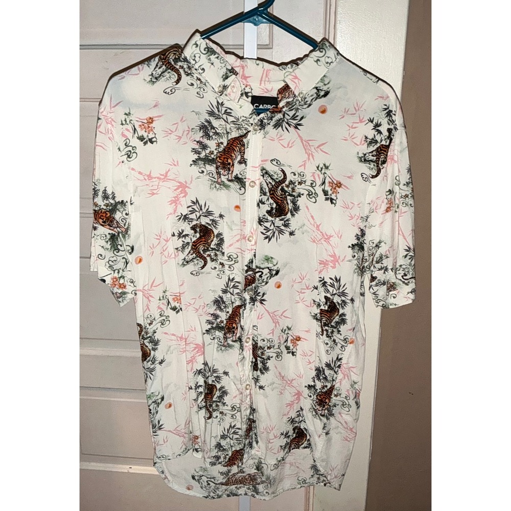 Carbon Mens Tiger Bamboo Print Rayon Button Down Shirt Ivory Pink Size Large
